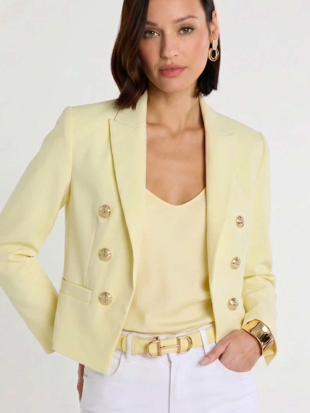 Cropped Double-Breasted Pale Yellow Blazer